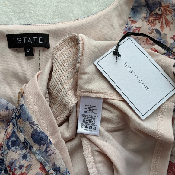 1. State Blouse V-Neck Long Sleeves Sheer Floral Peplum Waist Pink Blues M NWT - Picture 15 of 15